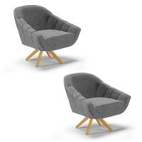 Kit 02 Poltronas Giratória Linho Grafite Base Madeira - 1