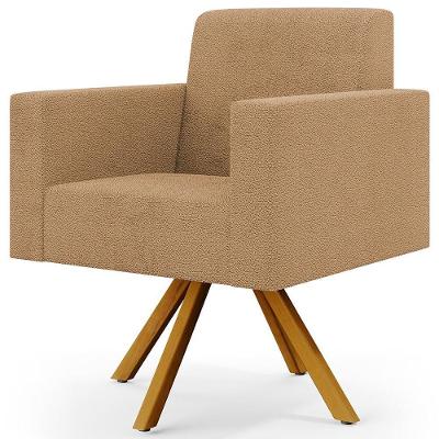 Poltrona Decorativa Giratória Base De Madeira Helô L02 Bouclê Mostarda - Lyam Decor