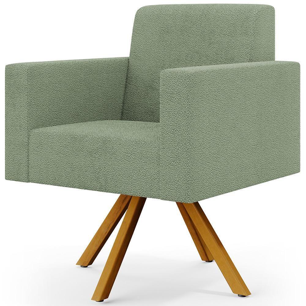 Poltrona Giratória Sala De Estar Base De Madeira Helô L02 Bouclê Oliva - Lyam Decor - 1
