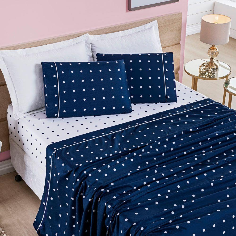 Jogo Cama Lençol Meggy Poá Queen Bolinhas Micropercal 200 Fios 4 Peças - Azul Marinho - 1