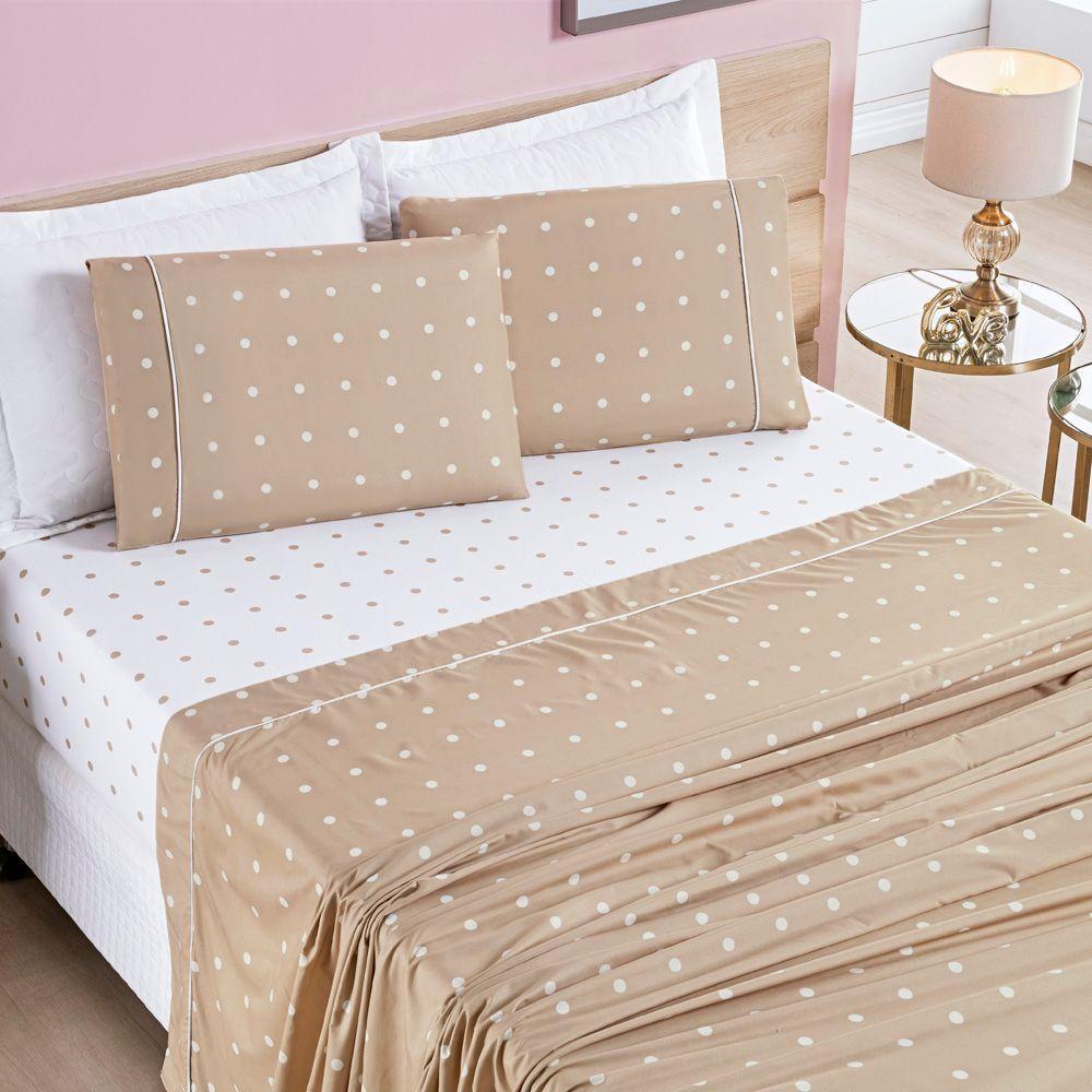Jogo Cama Lençol Meggy Poá King Bolinhas Micropercal 200 Fios 4 Peças - Cáqui - 1