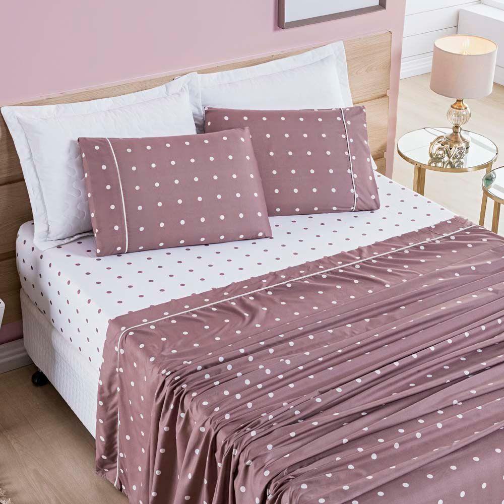 Jogo Cama Lençol Meggy Poá Casal Padrão Bolinhas Micropercal 200 Fios 4 Peças - Rosê - 1