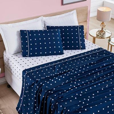 Jogo Cama Lençol Meggy Poá Casal Padrão Bolinhas Micropercal 200 Fios 4 Peças - Azul Marinho