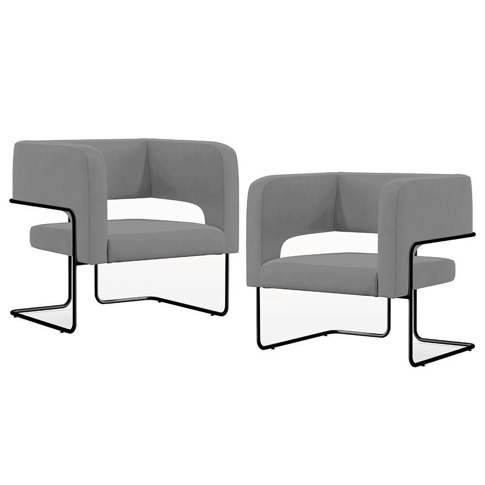 Kit 02 Poltronas Base De Aço Preto Veludo Cinza C-317 - 1