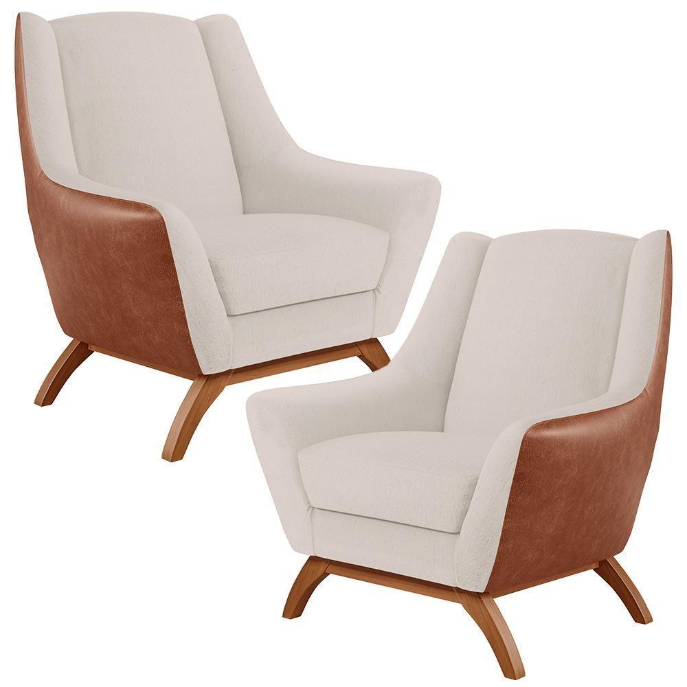 Kit 02 Poltronas Base Em Madeira Camel B-14 Linho Cru C-443 - 1