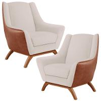 Kit 02 Poltronas Base Em Madeira Camel B-14 Linho Cru C-443 - 1