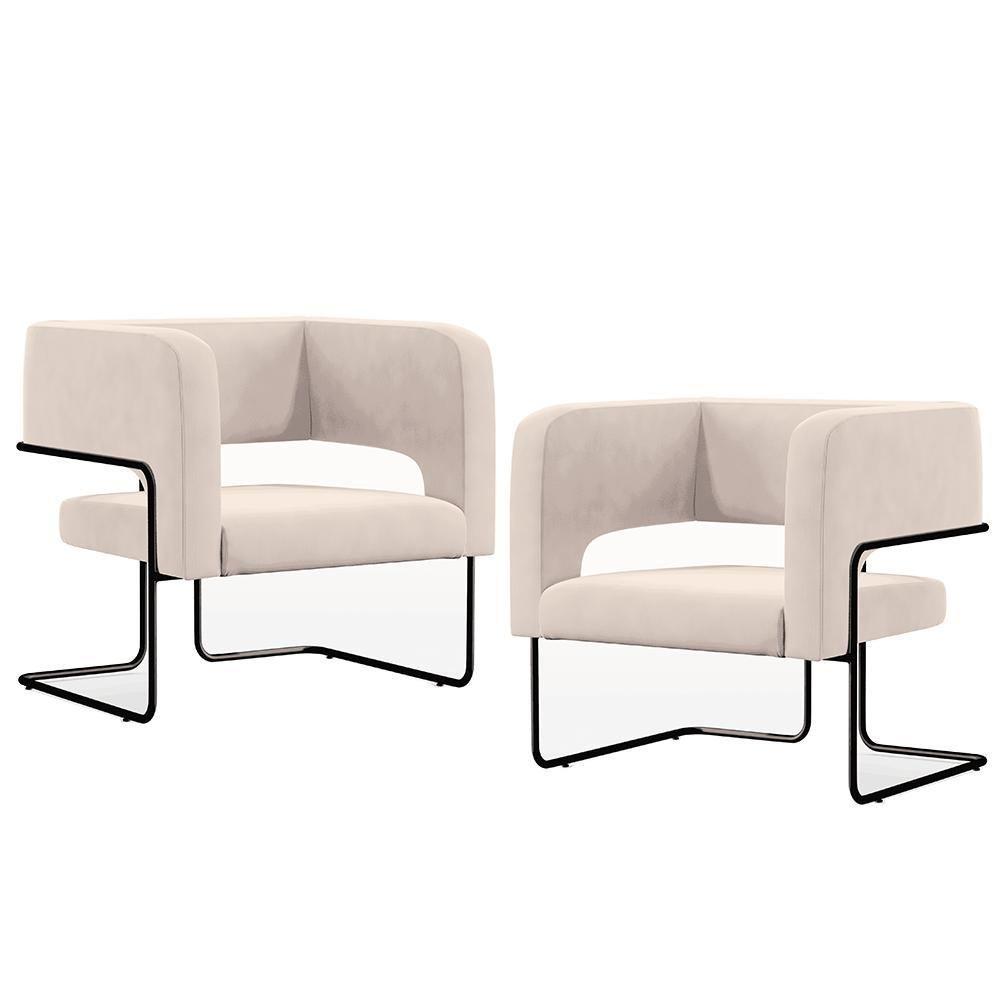 Kit 02 Poltronas Base De Aço Preto Veludo Bege C-309 - 1