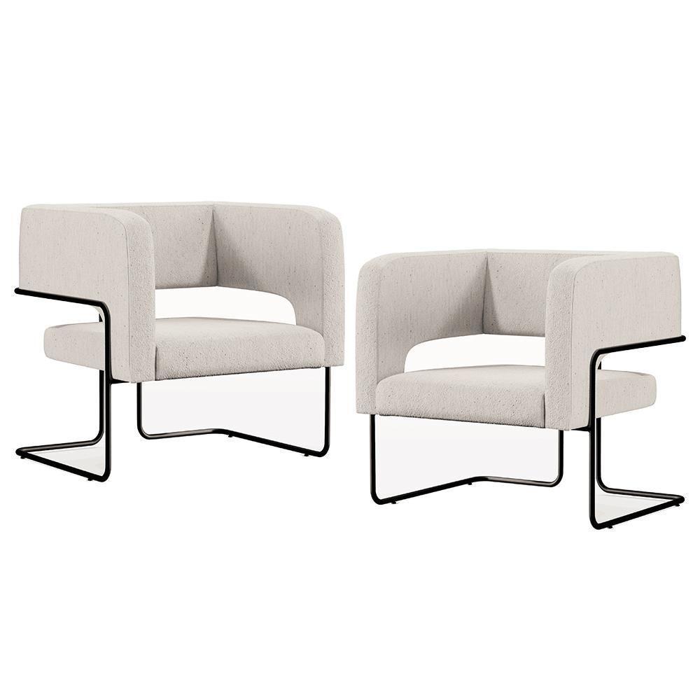 Kit 02 Poltronas Base De Aço Preto Linho Cru C-443 - 1