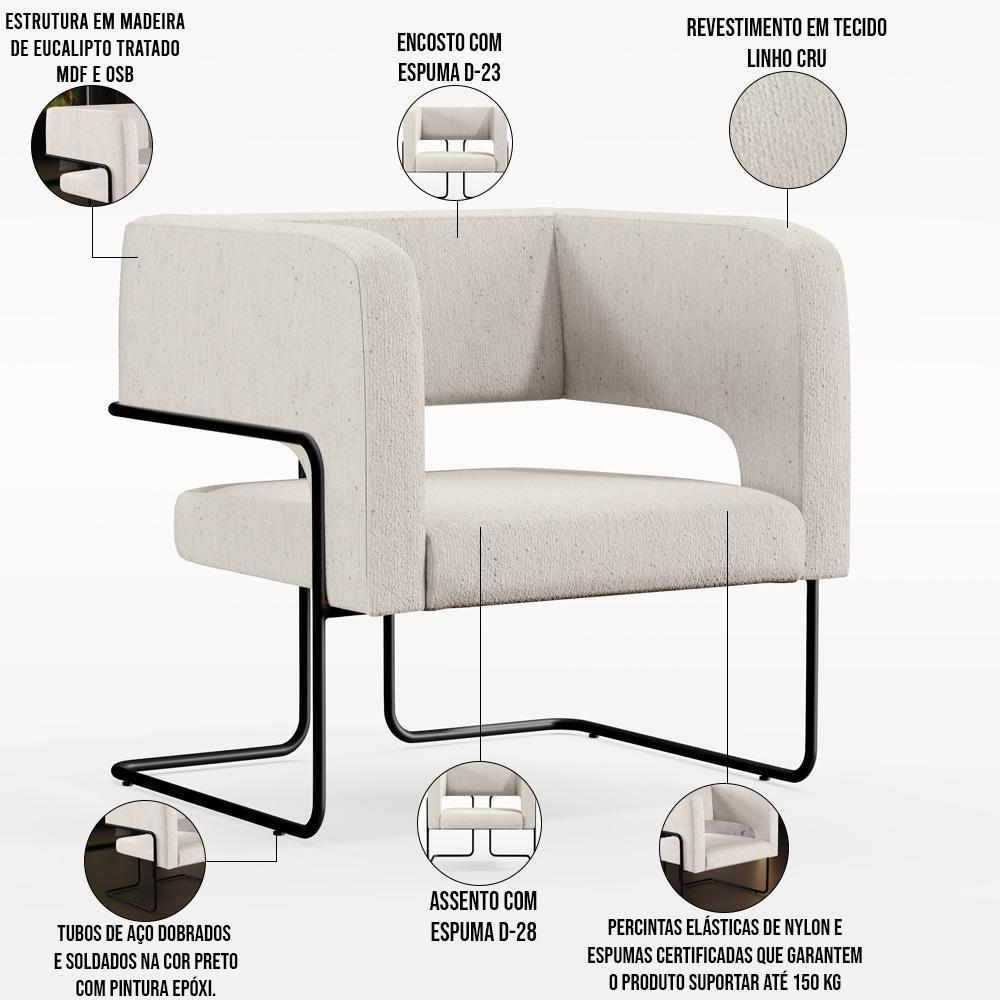Kit 02 Poltronas Base De Aço Preto Linho Cru C-443 - 6