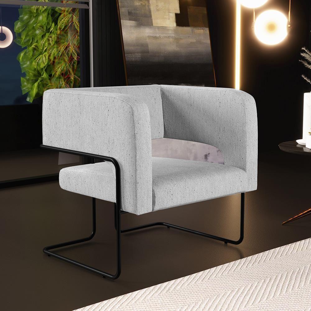 Kit 02 Poltronas Base De Aço Preto Linho Cinza D-315 - 8