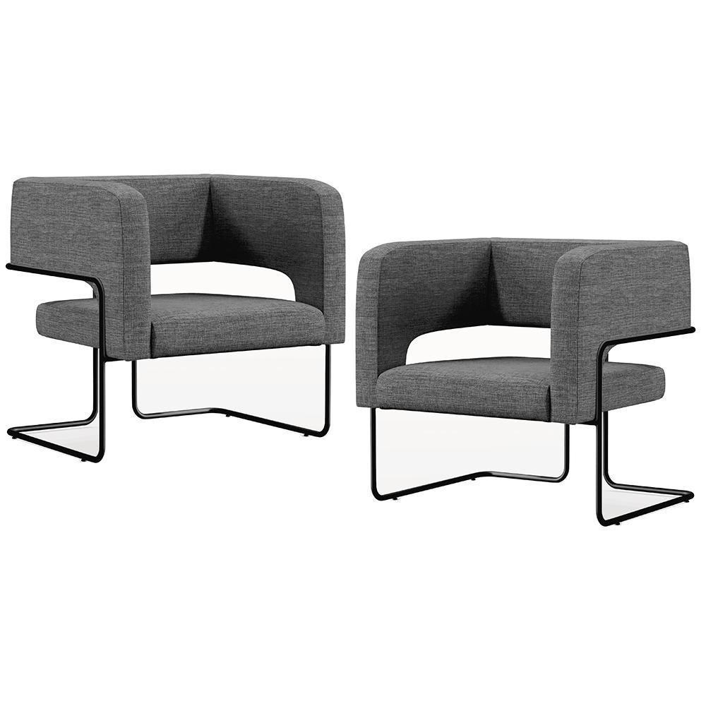 Kit 02 Poltronas Base De Aço Preto Linho Cinza Escuro C-416 - 1