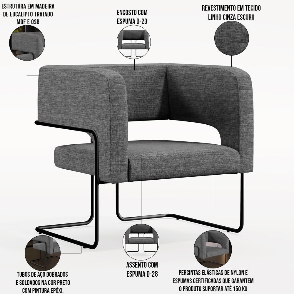 Kit 02 Poltronas Base De Aço Preto Linho Cinza Escuro C-416 - 6