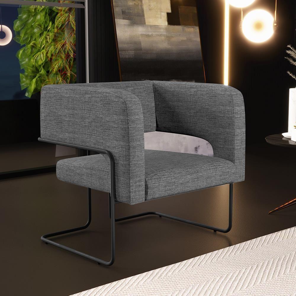 Kit 02 Poltronas Base De Aço Preto Linho Cinza Escuro C-416 - 8