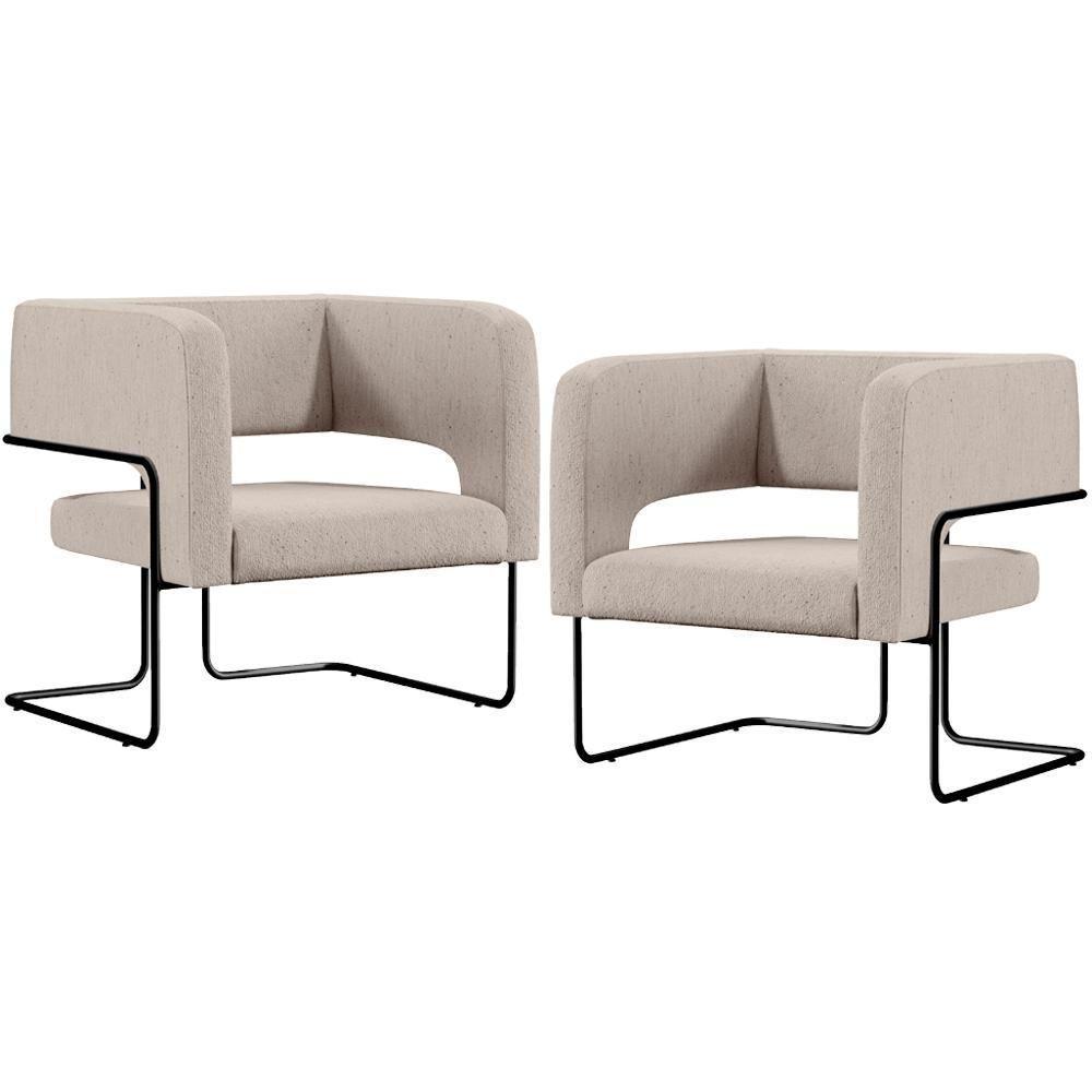 Kit 02 Poltronas Base De Aço Preto Linho Bege C-107 - 1