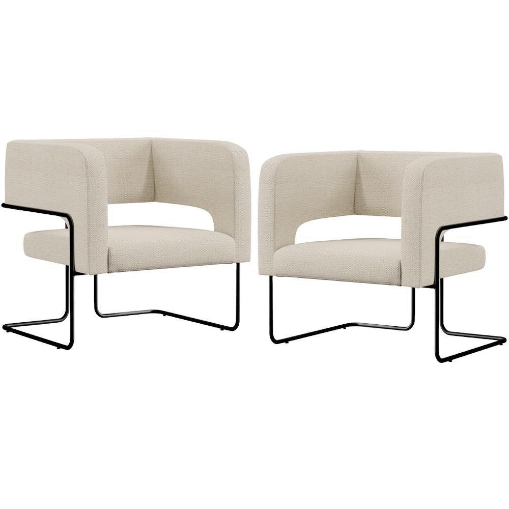 Kit 02 Poltronas Base De Aço Preto Linho Champagne A-49 - 1