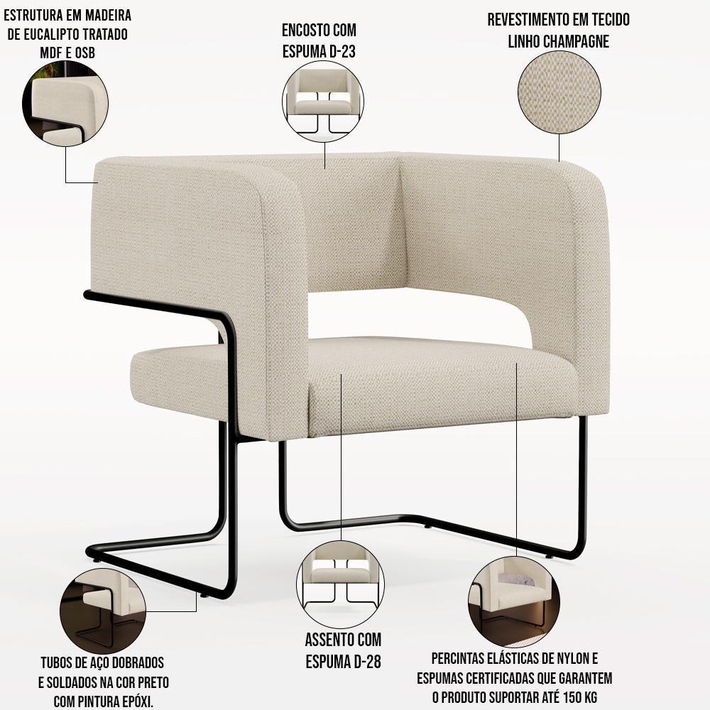 Kit 02 Poltronas Base De Aço Preto Linho Champagne A-49 - 7