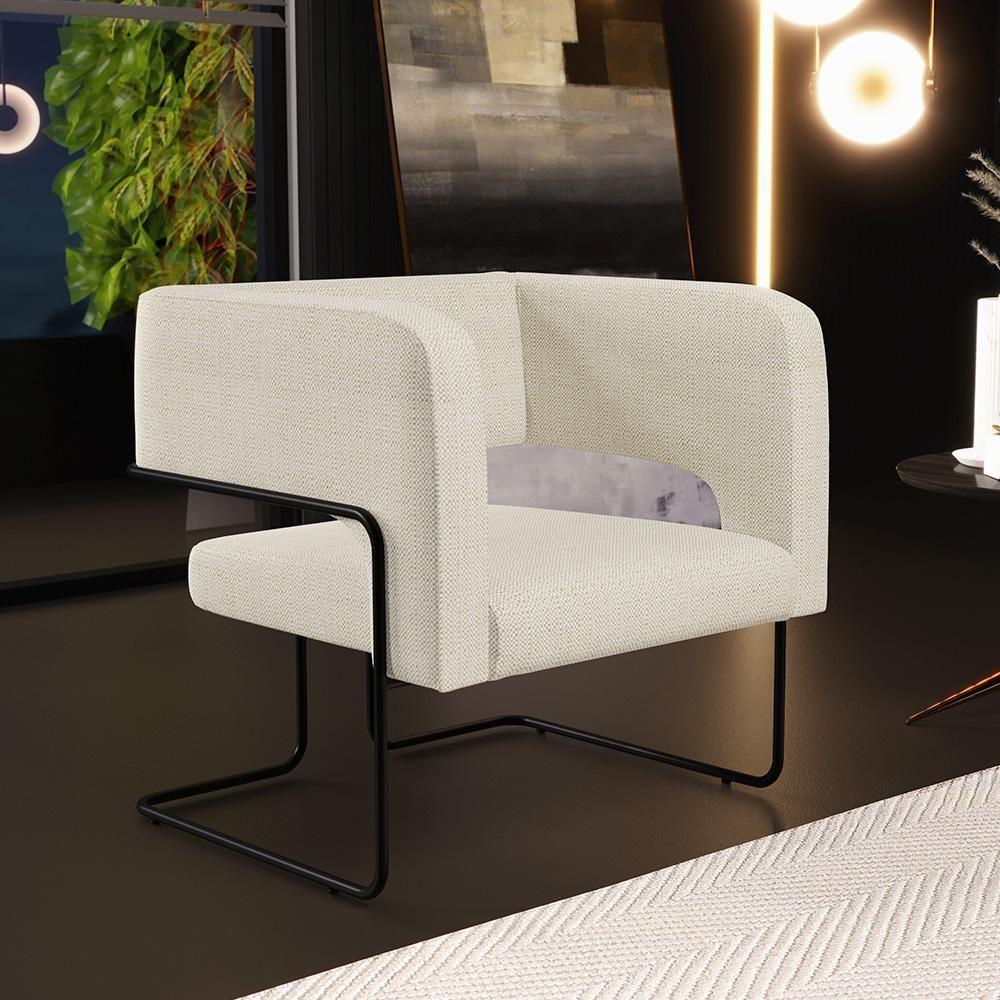 Kit 02 Poltronas Base De Aço Preto Linho Champagne A-49 - 10