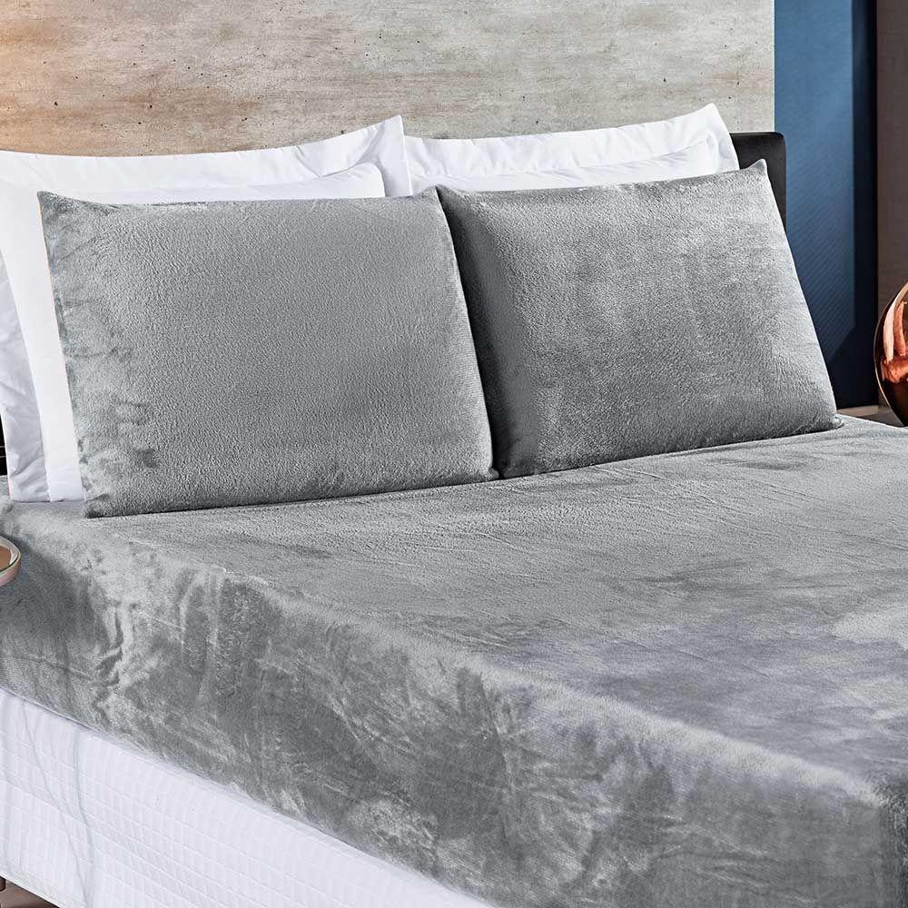 Jogo De Cama Lençol Biasoft Casal Padrão Manta Flannel Toque Extra Macio 03 Peças - Cinza - 1