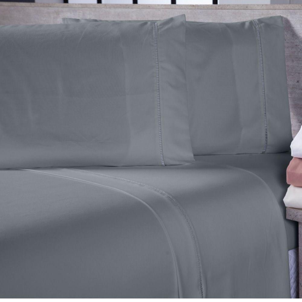 Jogo De Cama Lençol Casal Queen Sofist Ponto Palito 400 Fios Toque Macio 03 Peças - Cinza - 1