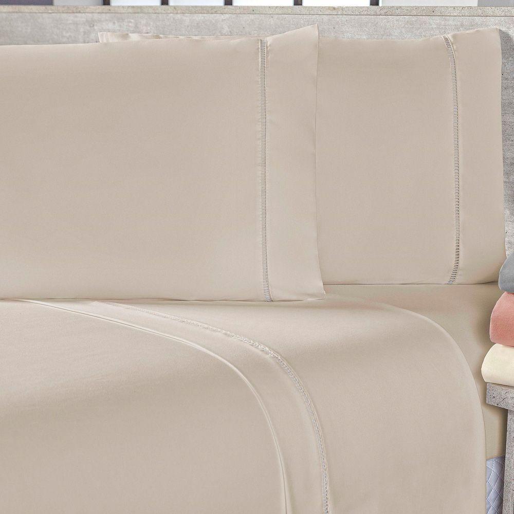 Jogo De Cama Lençol Casal Padrão Sofist Ponto Palito 400 Fios Toque Macio 03 Peças - Bege - 1