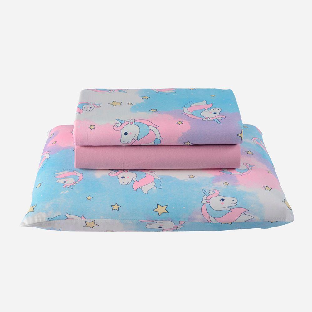 Jogo De Cama Lençol Fantasy Unicórnio Solteiro 03 Peças 100% Algodão Infantil Infantil - Rosa - 1