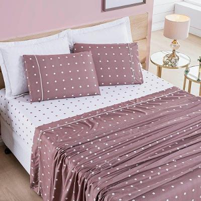 Jogo De Cama Lençol Celine Solteiro 03 Peças Micropercal 200 Fios Bolinhas - Rosê