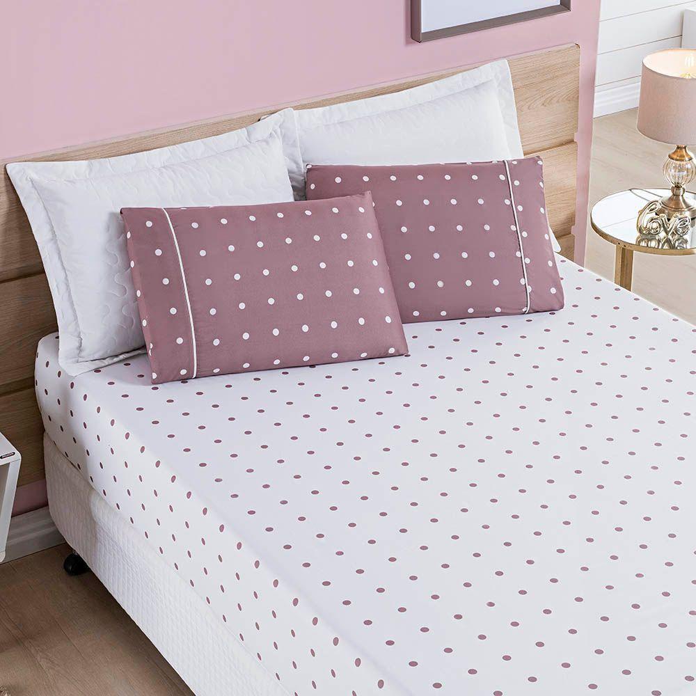 Jogo De Cama Lençol Celine Casal Queen 03 Peças Micropercal 200 Fios Bolinhas - Rosê - 1