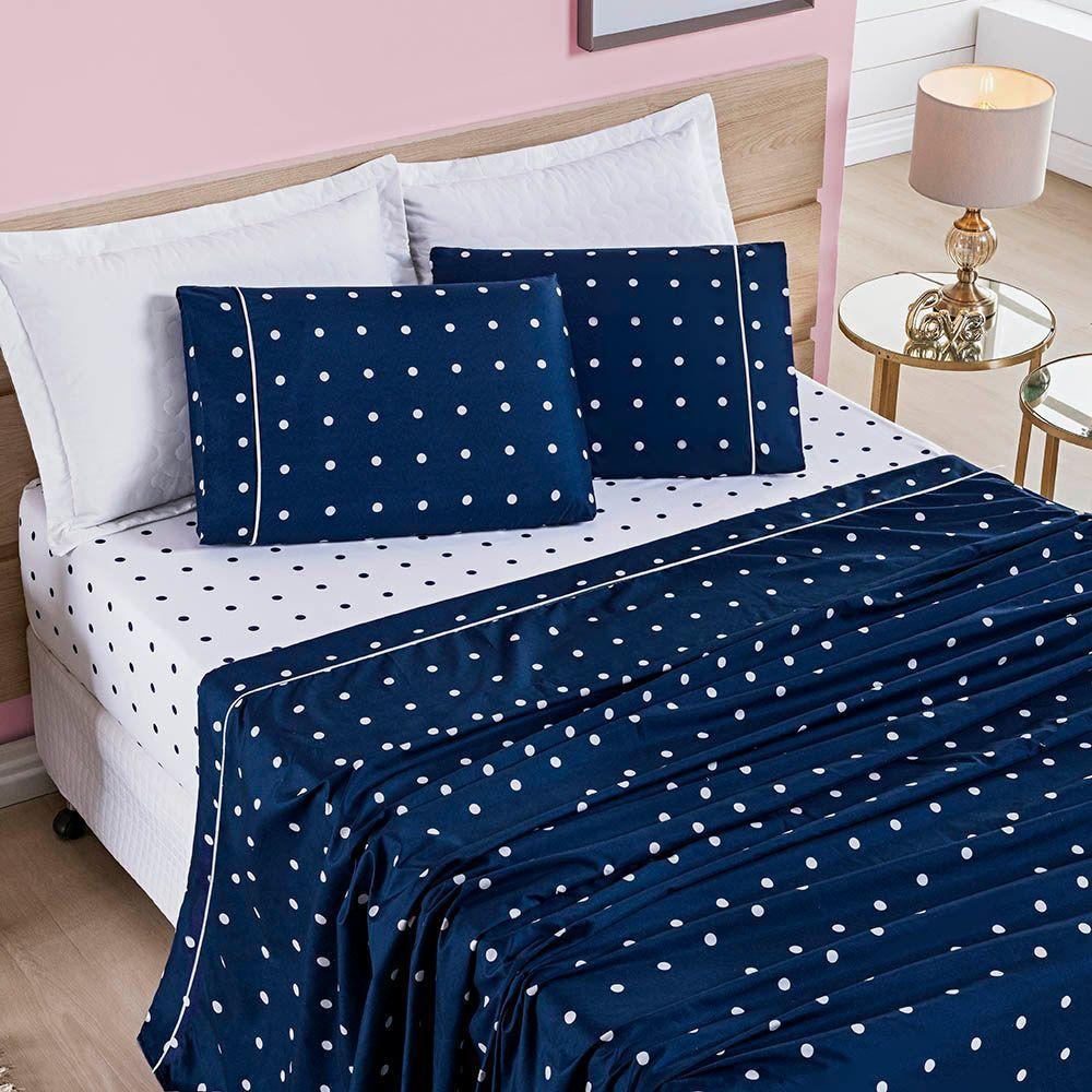 Jogo De Cama Lençol Celine Solteiro 03 Peças Micropercal 200 Fios Bolinhas - Azul Marinho - 1
