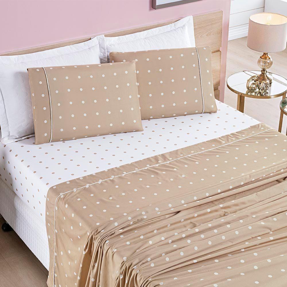Jogo De Cama Lençol Celine Casal Queen 04 Peças Micropercal 200 Fios Bolinhas - Cáqui - 1