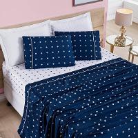 Jogo De Cama Lençol Celine Casal Padrão 04 Peças Micropercal 200 Fios Bolinhas - Azul Marinho - 1