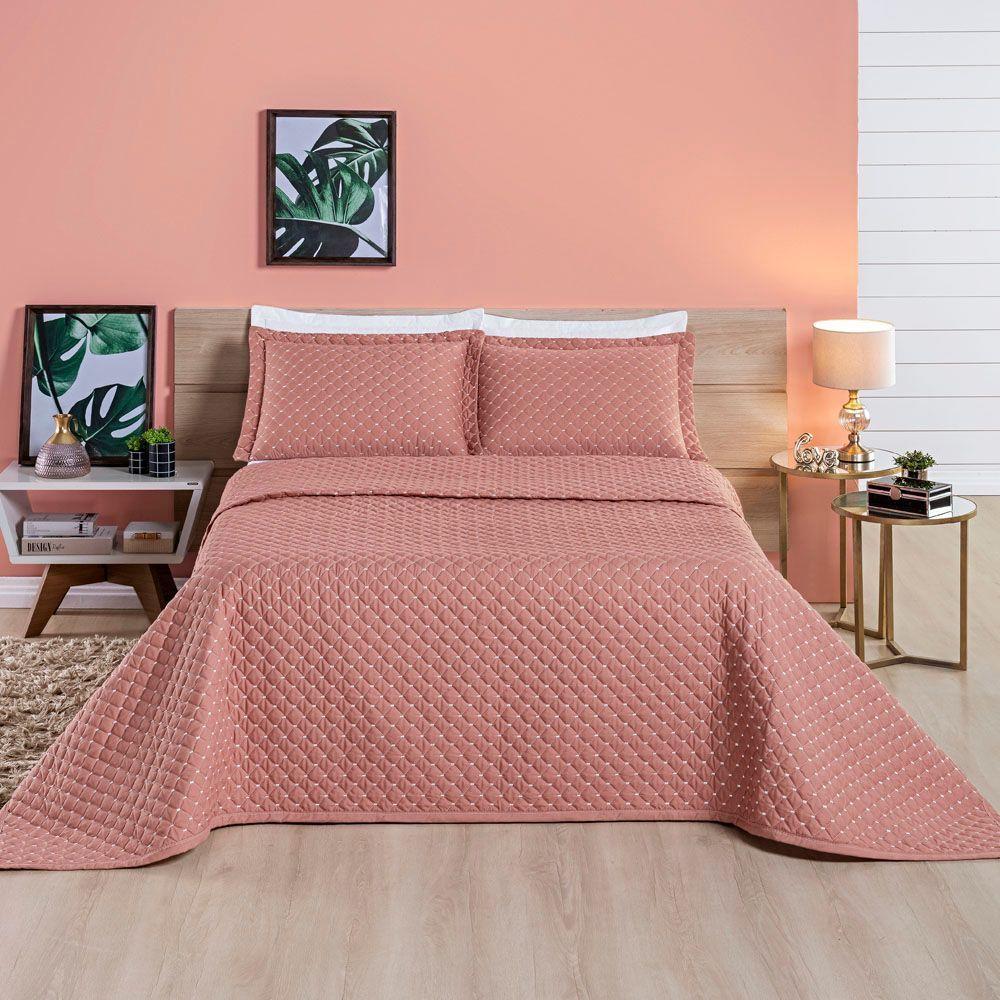 Kit Cobre Leito Colcha Vênus Queen Dupla Face Micropercal 200 Fios Liso 3 Peças - Rosê - 1