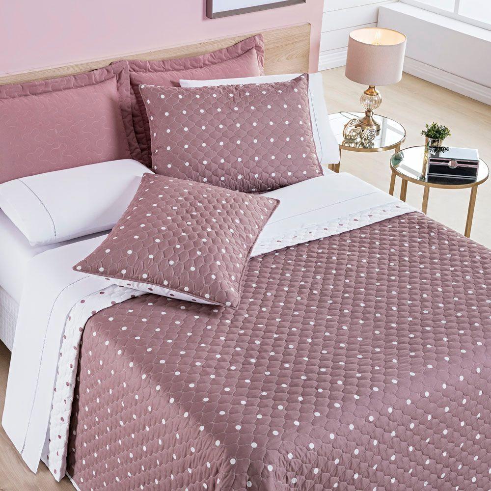 Kit Cobre Leito Colcha Meggy Poá Queen Dupla Face Micropercal 200 Fios 3 Peças - Rosê - 3