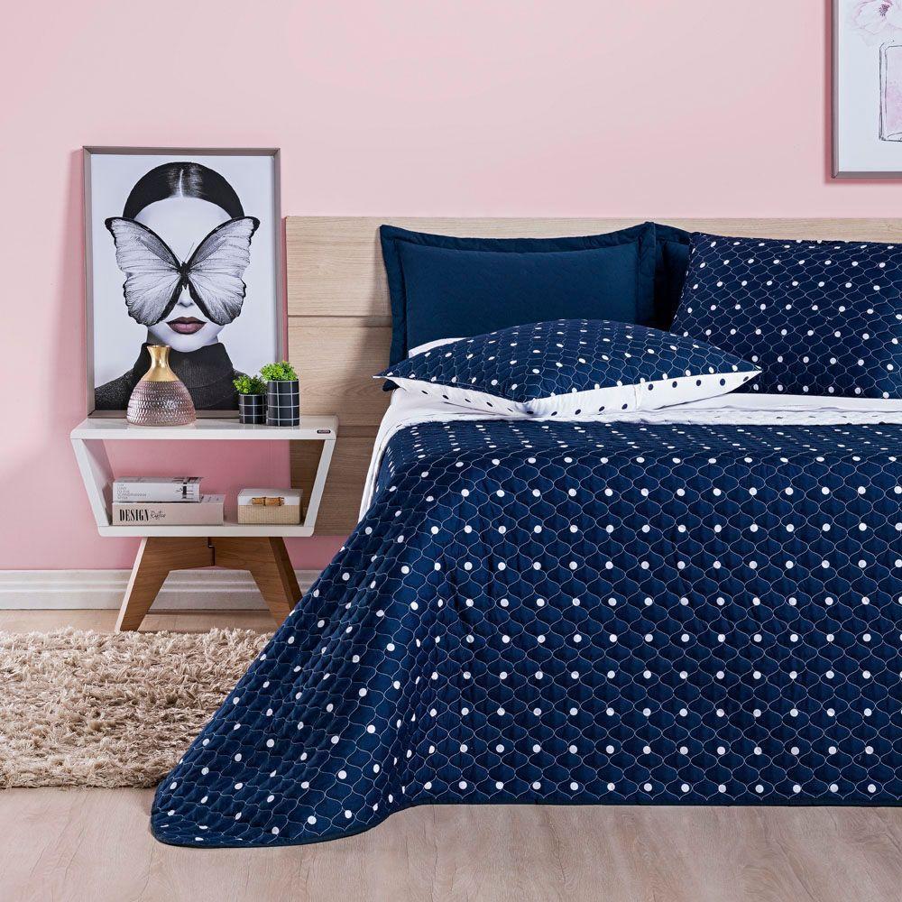 Kit Cobre Leito Colcha Meggy Poá Solteiro Dupla Face Micropercal 200 Fios 2 Peças - Azul Marinho - 1