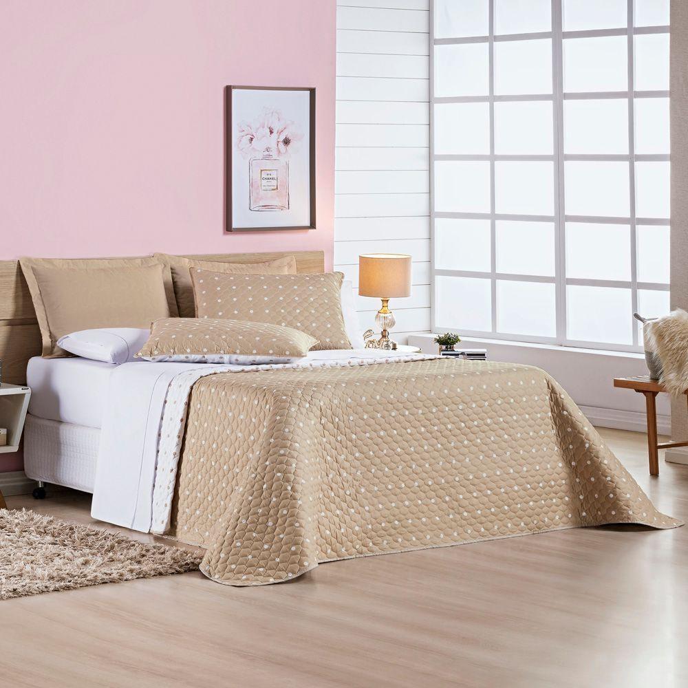 Kit Cobre Leito Colcha Meggy Poá Queen Dupla Face Micropercal 200 Fios 3 Peças - Cáqui - 3