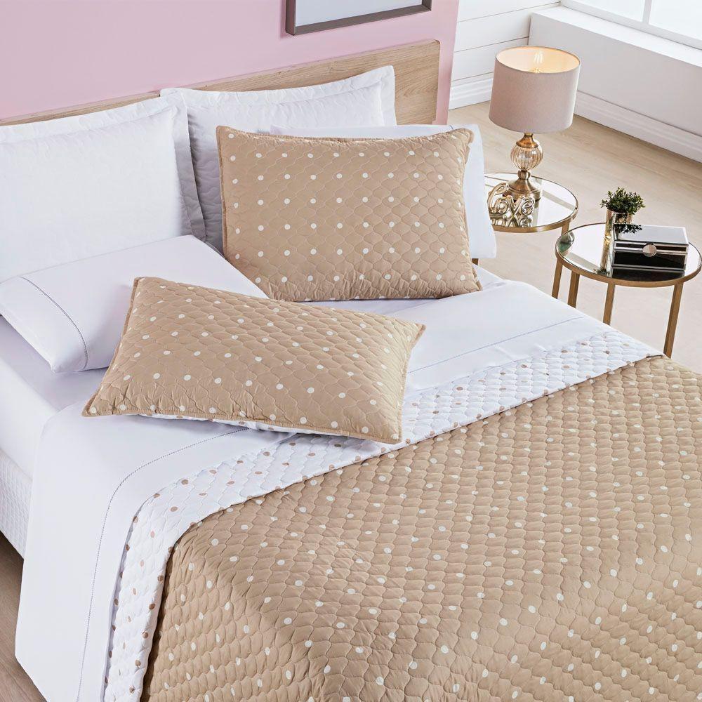 Kit Cobre Leito Colcha Meggy Poá Casal Padrão Dupla Face Micropercal 200 Fios 3 Peças - Cáqui - 2