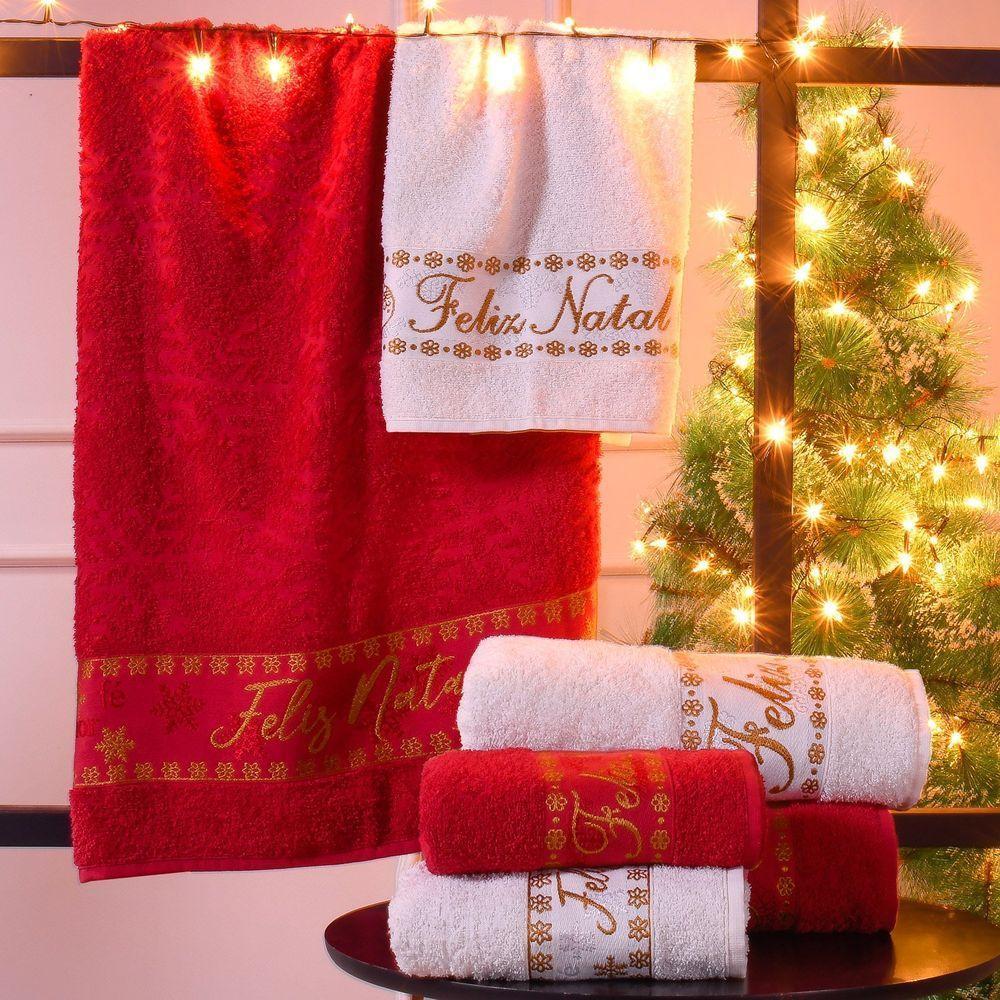 Toalha De Banho Feliz Natal Bordada Jacquard 68X135 Bene Casa Vermelho - 3