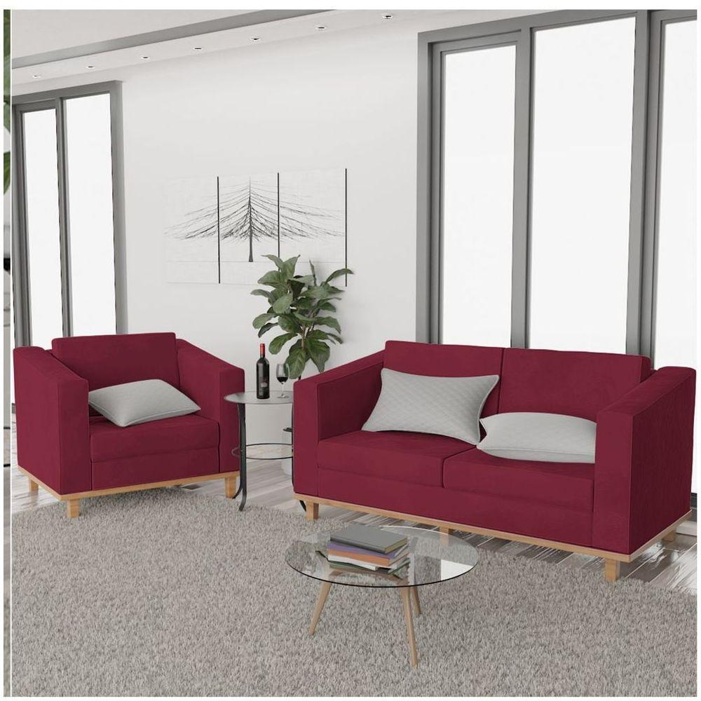 Kit Sofá 2 Lugares Poltrona Europa Suede Bordô - 6