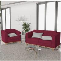 Kit Sofá 2 Lugares Poltrona Europa Suede Bordô - 6