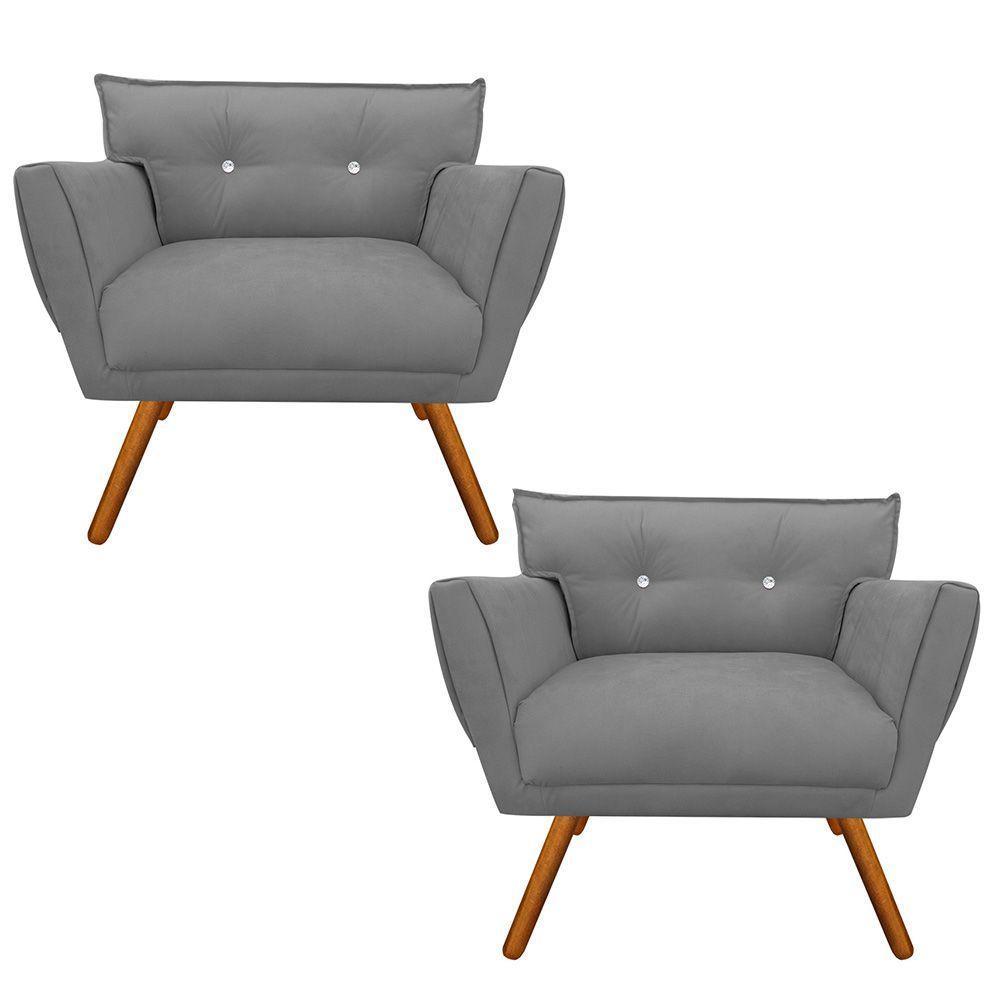 Kit 02 Poltronas Anitta Suede Grafite Com Strass Pés Palito - 1