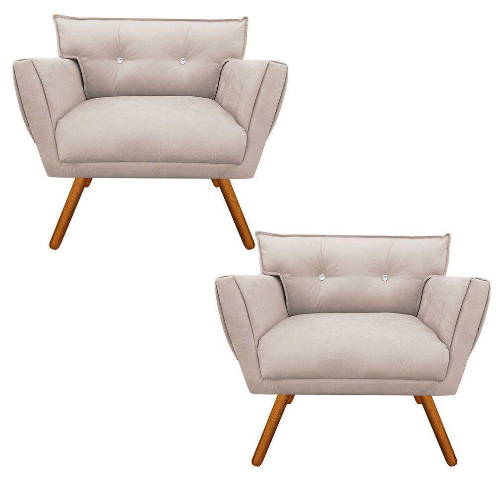 Kit 02 Poltronas Anitta Bege Com Strass Pés Palito Castanho - 1