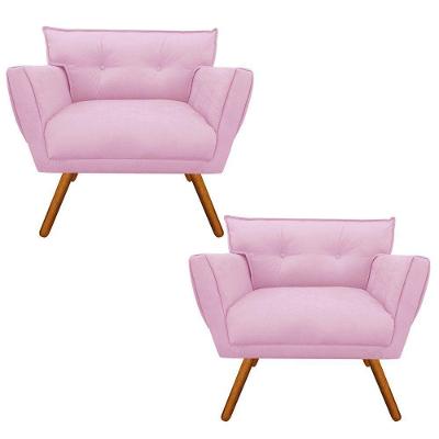 Kit 02 Poltronas Anitta Suede Rosa Bebê Pés Palito Castanho