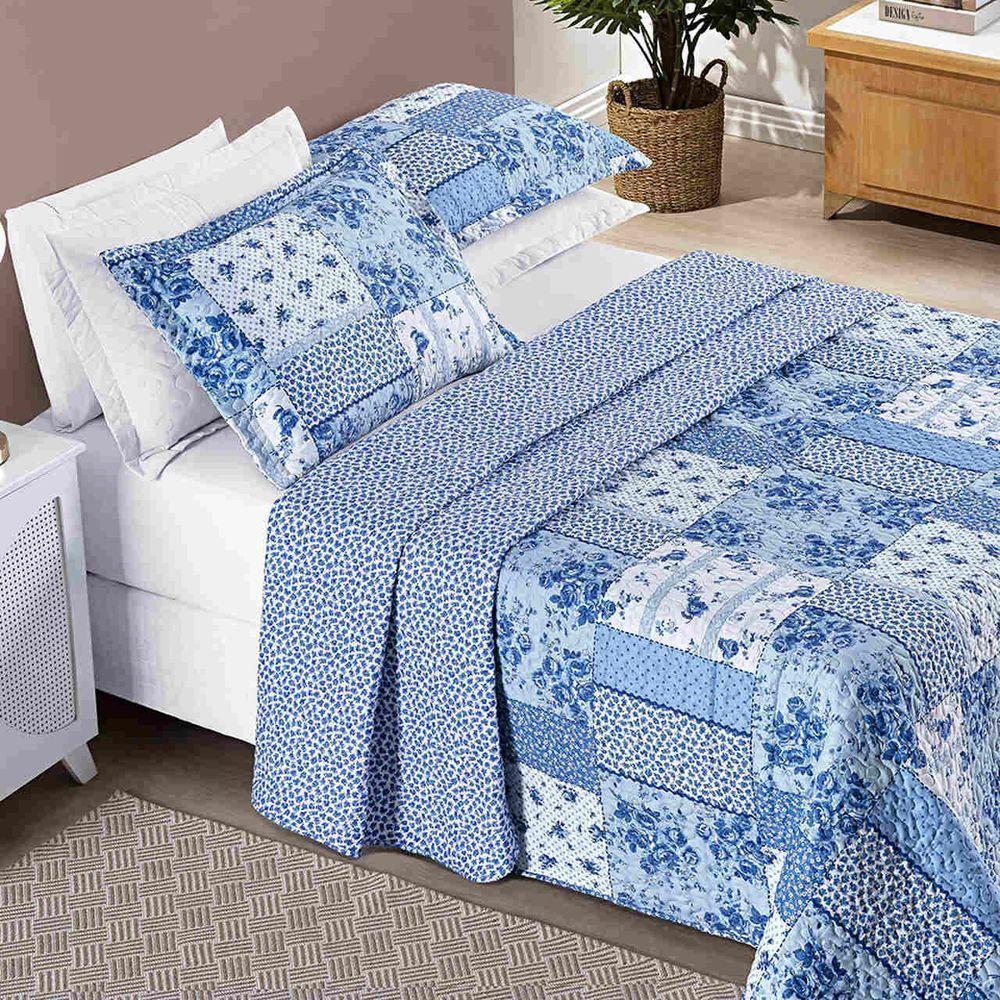 Colcha Ayla Casal Padrão Tecido Dupla Face Microfibra 03 Peças - Azul Sereno - 2