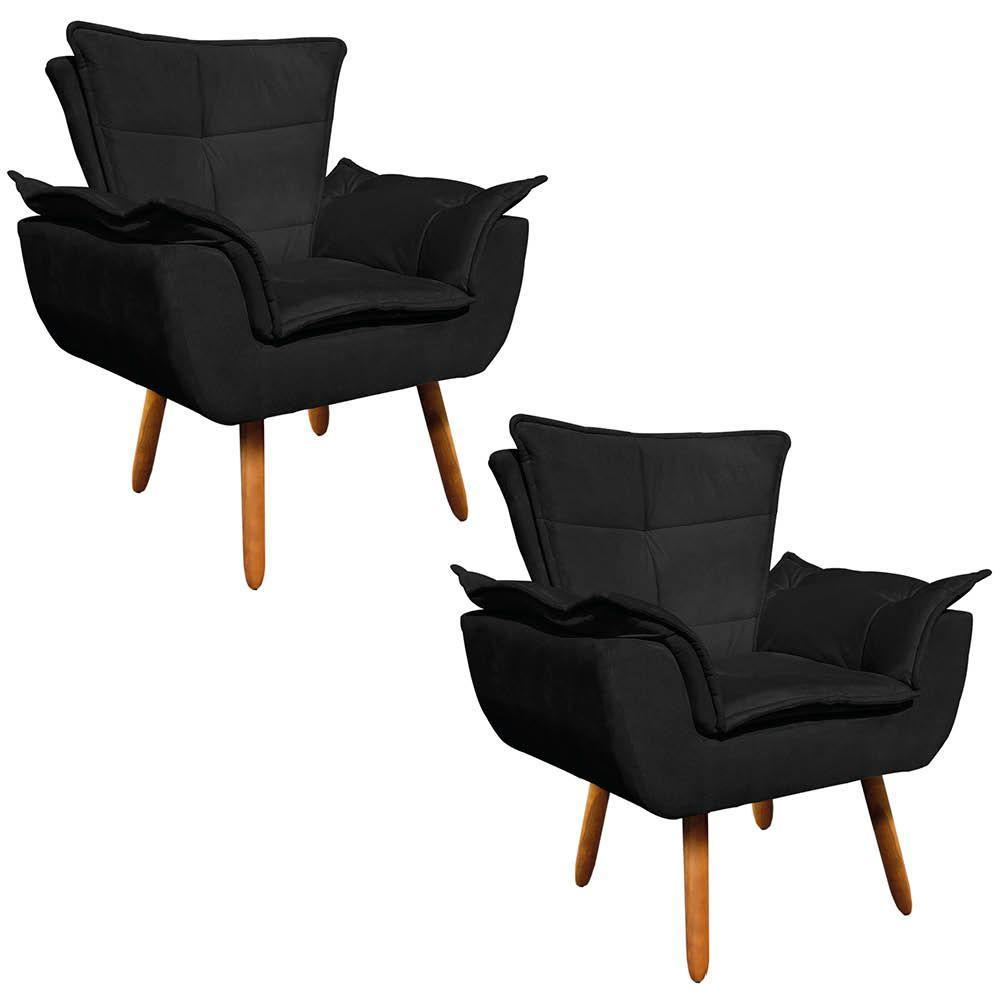 Kit 02 Poltronas Opala Suede Preto Pés Palito Castanho - 1