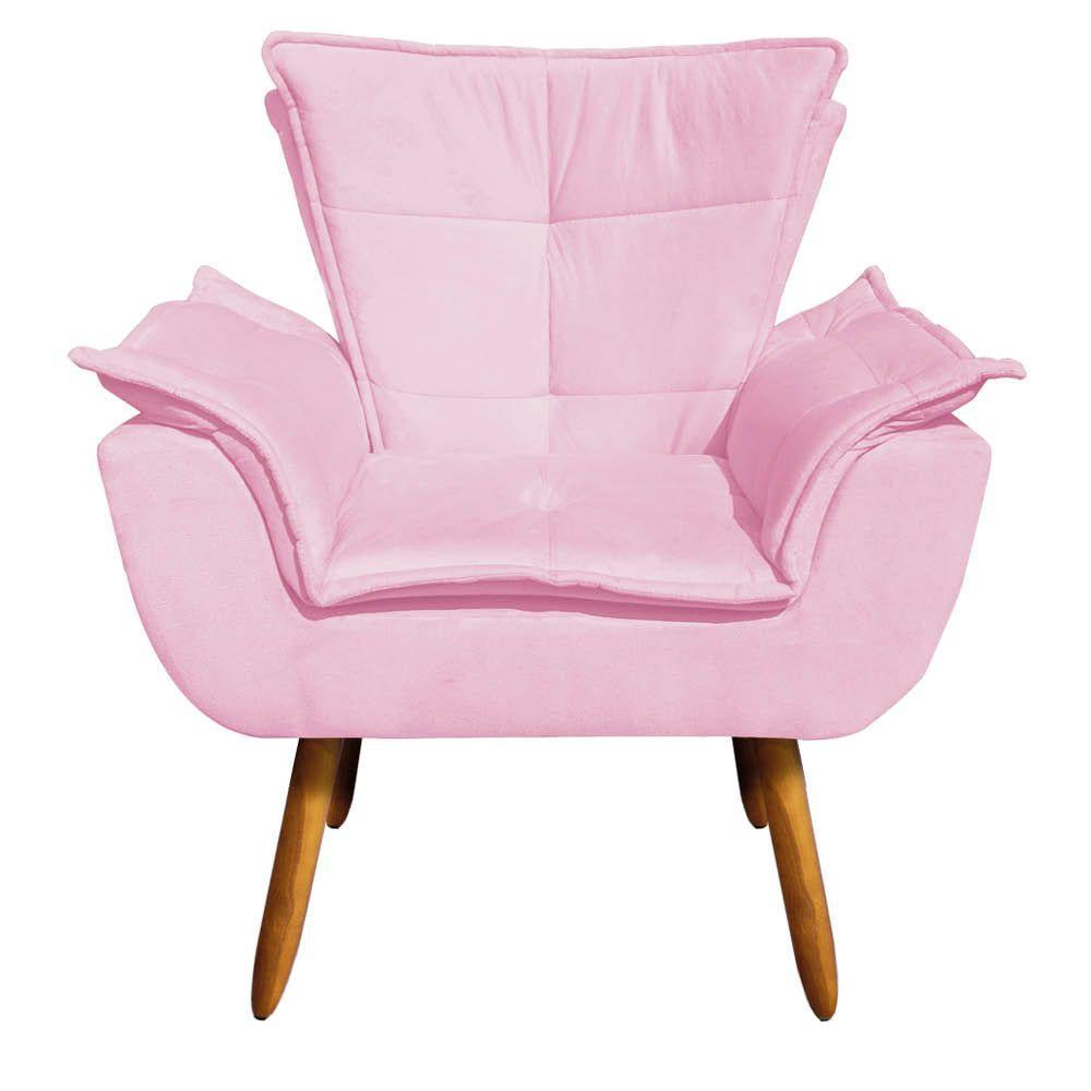 Kit 02 Poltronas Opala Suede Rosa Bebê Pés Palito Castanho - 4
