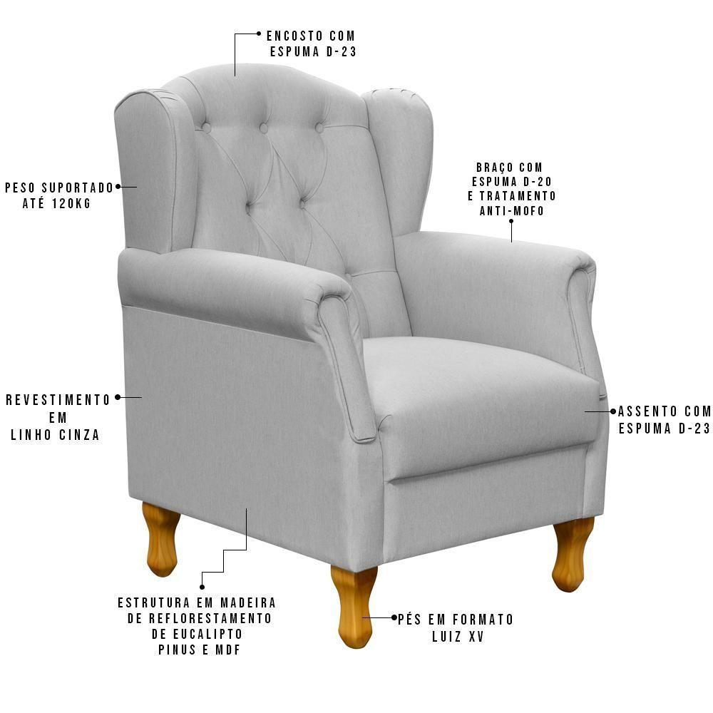 Kit 02 Poltronas Para Sala De Estar Yara P02 Linho Cinza - 8