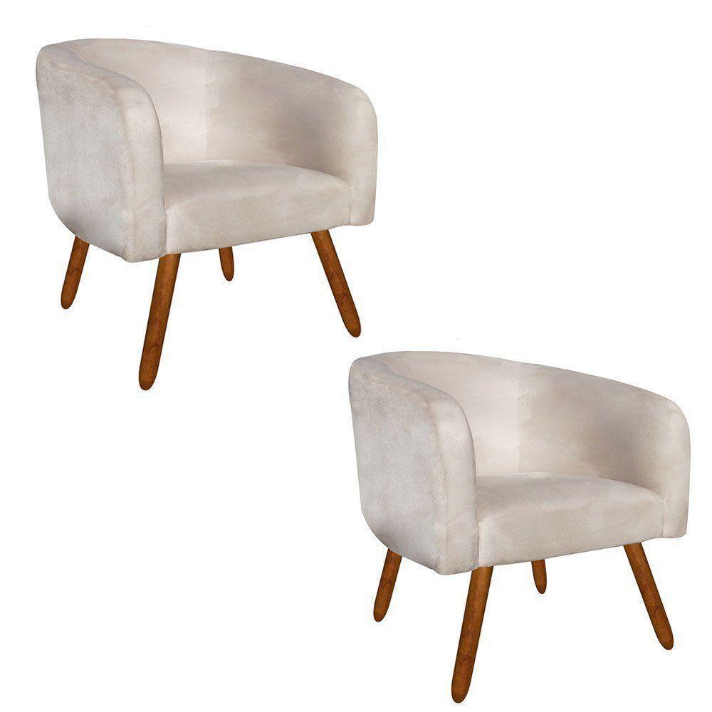 Kit 02 Poltronas Stella Suede Bege Pés Palito Castanho - 1