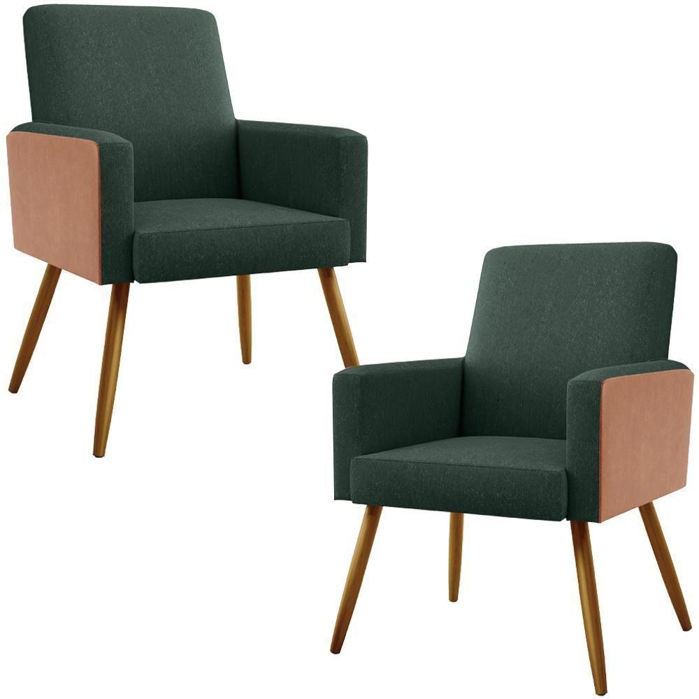 Kit 02 Poltronas Pés Palito Linho Verde Musgo Camel - 1