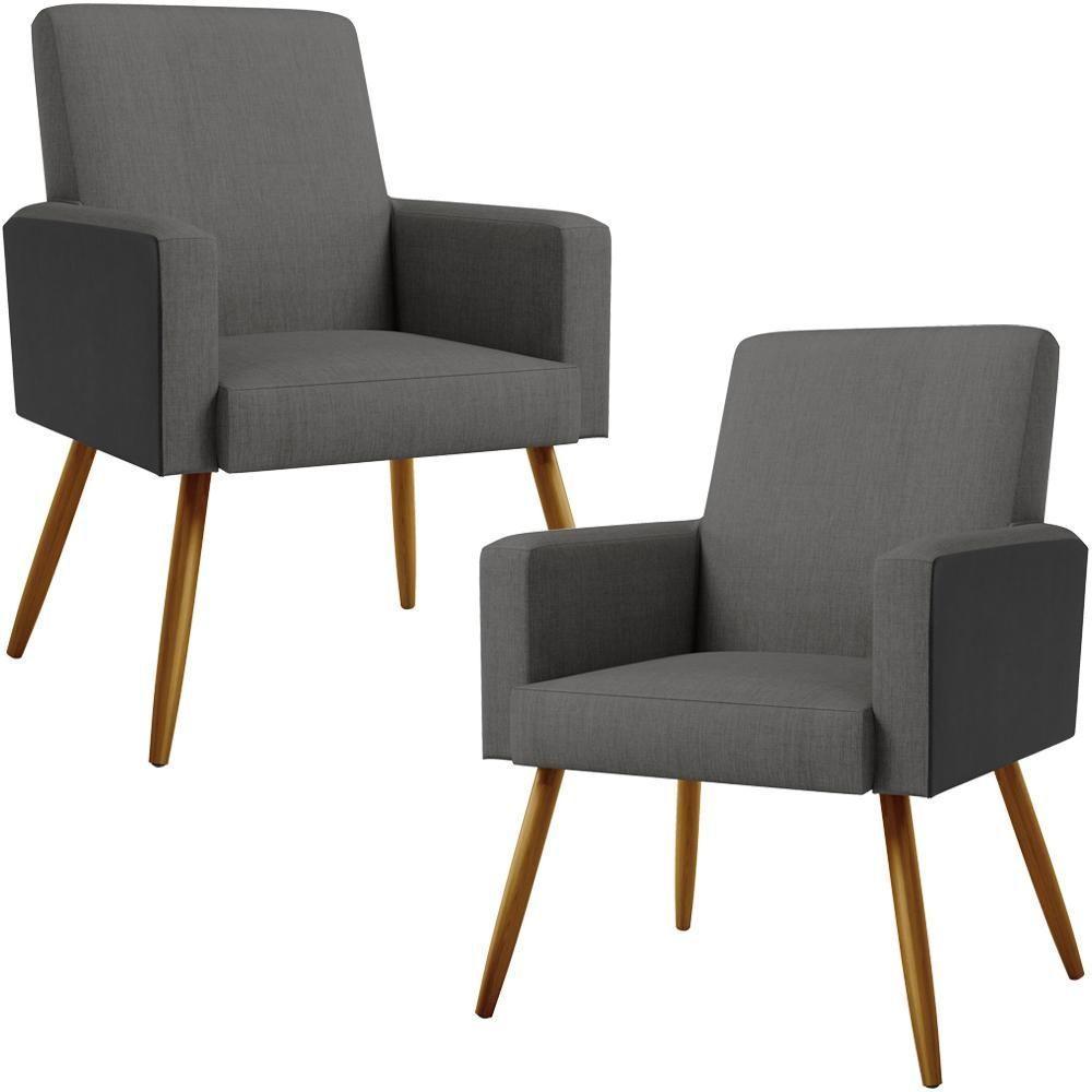 Kit 02 Poltronas Pés Palito Linho Cinza Escuro Preto - 1