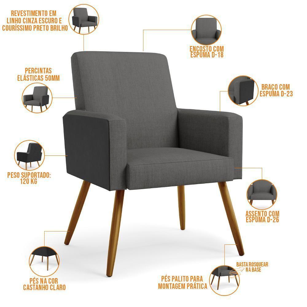 Kit 02 Poltronas Pés Palito Linho Cinza Escuro Preto - 6