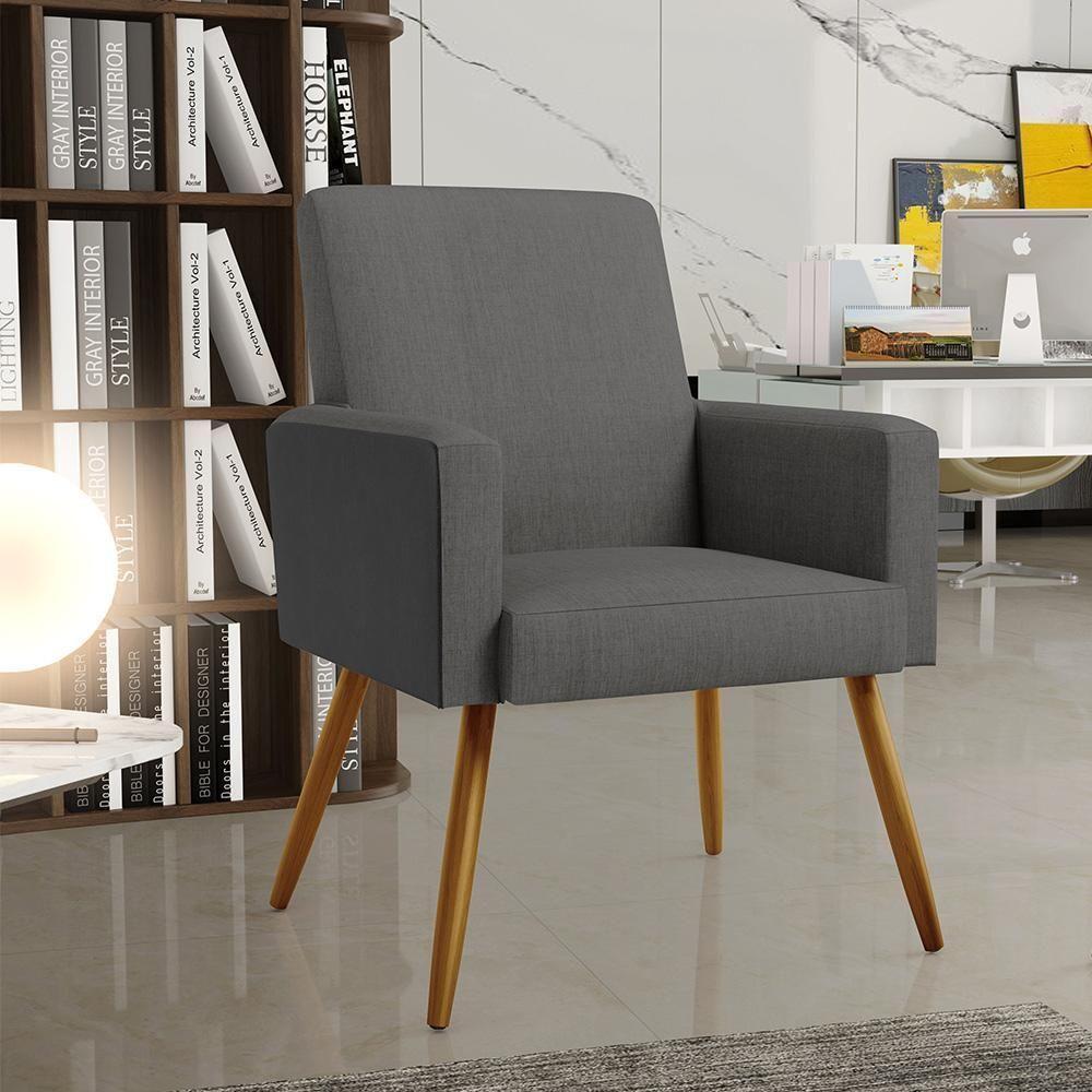 Kit 02 Poltronas Pés Palito Linho Cinza Escuro Preto - 8